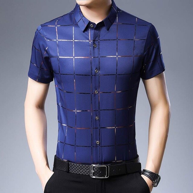 Luxury plaid short sleeve slim fit men shirt streetwear social dress