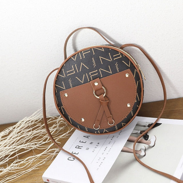 Vintage Scrub Leather Round Designer Crossbody Bag