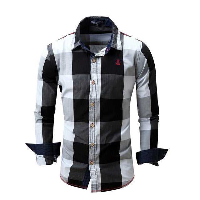 Men's Slim Fit Casual Button Cowboy Dress shirt Long Sleeve Plaid Shirts 100% Cotton