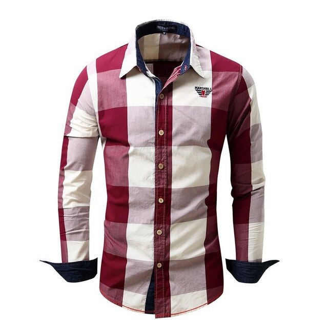 Men's Slim Fit Casual Button Cowboy Dress shirt Long Sleeve Plaid Shirts 100% Cotton