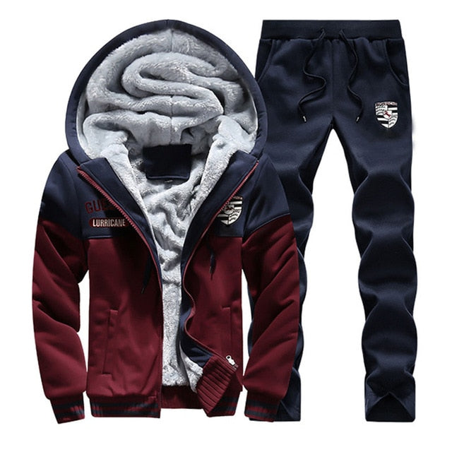 Men Warm Sets Fashion Sporting Thick Suit Patchwork Zipper Hooded Sweatshirt +Sweatpants
