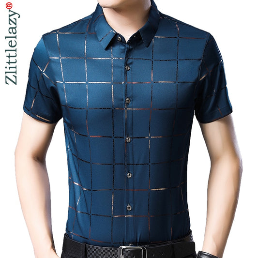 Luxury plaid short sleeve slim fit men shirt streetwear social dress