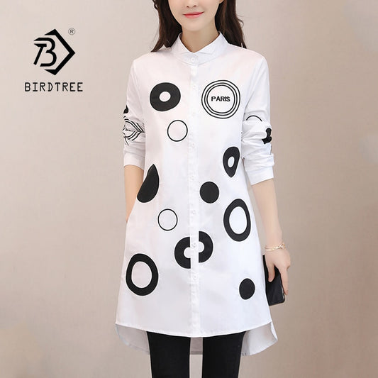 Women Letter Dot Embroidery Long White Blouse