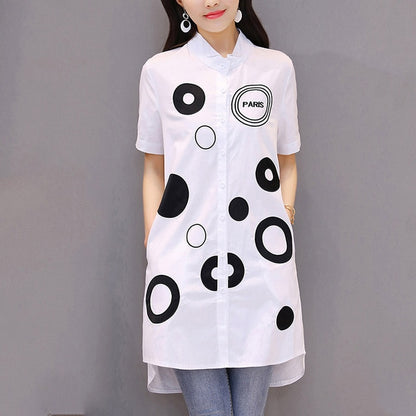 Women Letter Dot Embroidery Long White Blouse