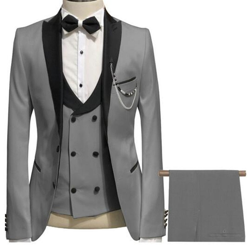 Elegant Grey Men Suit Prom Tuxedo Slim Fit 3 Piece (Jacket+Vest+Pants) Groom Wedding Suits For Men Custom Blazer