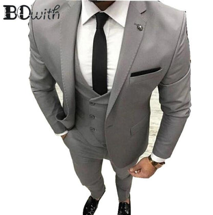 Elegant Grey Men Suit Prom Tuxedo Slim Fit 3 Piece (Jacket+Vest+Pants) Groom Wedding Suits For Men Custom Blazer