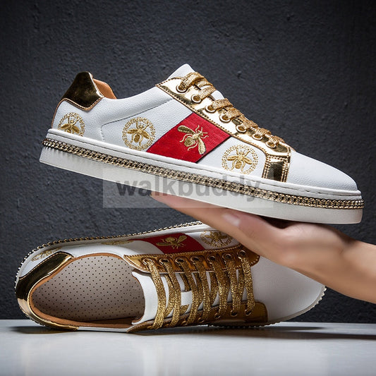 White Skateboarding Sneakers PU Leather Golden Luxury Embroidery Breathable Flats