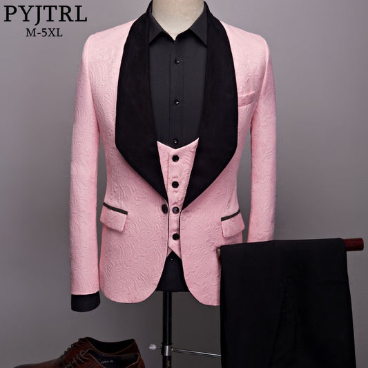 Mens Fashion Big Shawl Lapel 3 Pieces Set Pink Red Blue White Black Wedding Groom Suits