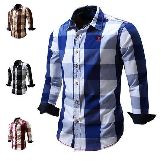 Men's Slim Fit Casual Button Cowboy Dress shirt Long Sleeve Plaid Shirts 100% Cotton