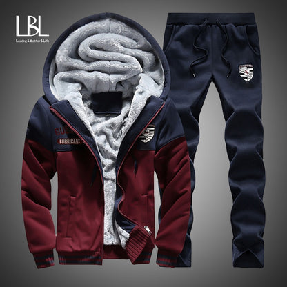 Men Warm Sets Fashion Sporting Thick Suit Patchwork Zipper Hooded Sweatshirt +Sweatpants