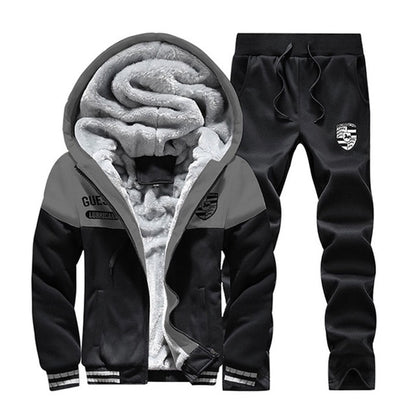 Men Warm Sets Fashion Sporting Thick Suit Patchwork Zipper Hooded Sweatshirt +Sweatpants