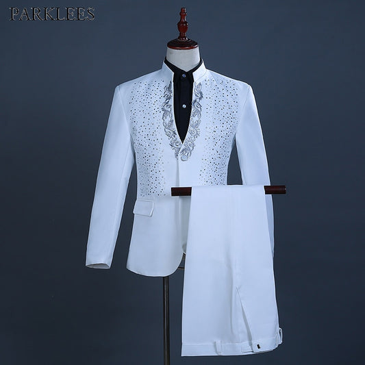 White Embroidered Suit Men Wedding Groom Tuxedo Suits