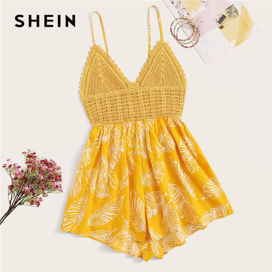 Yellow Crochet Bodice Knot Back Plants Print